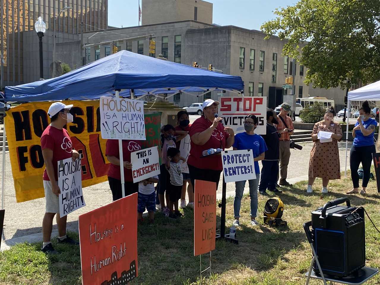 Housing advocates rallied in front of Baltimore City Hall on Aug. 11 to demand increased protection for renters before the state of Maryland's eviction moratorium expires on Aug. 15.