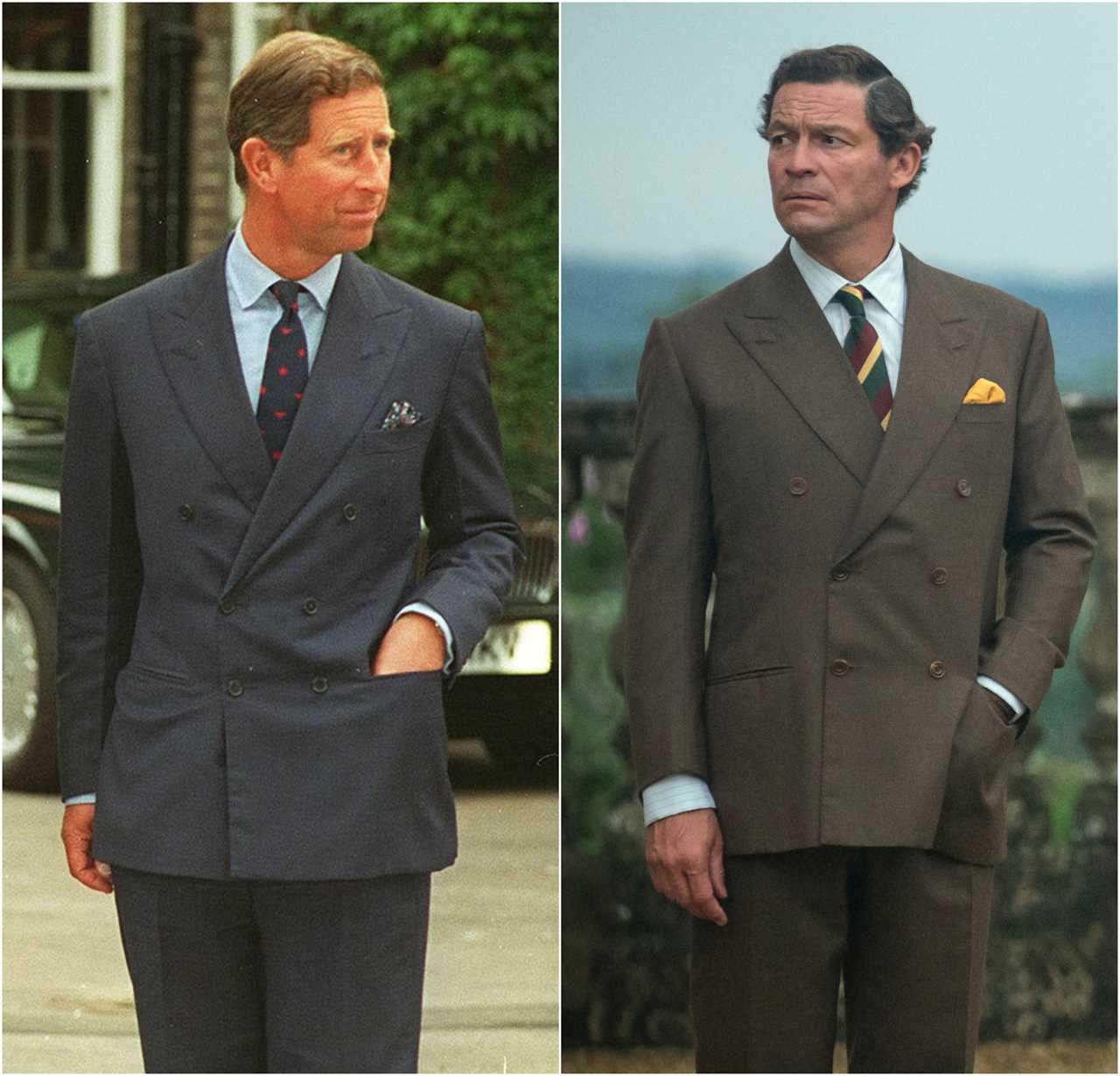 Prince Charles in 1995 next to a still of Dominick West as Prince Charles in The Crown