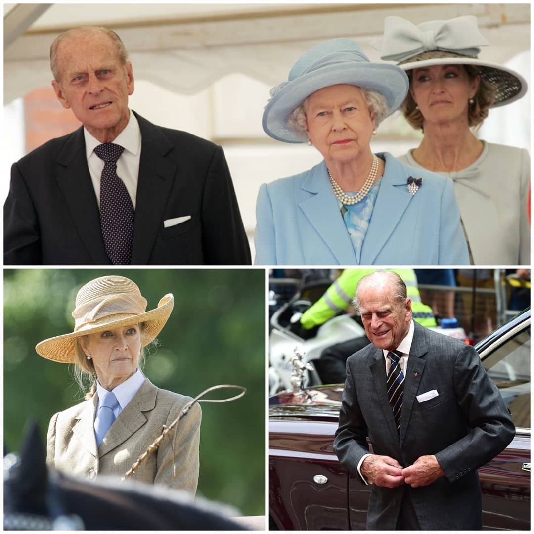 Collage of 3 photos of Penny Knatchbull and Prince Philip, including one of her with Philip and the Queen