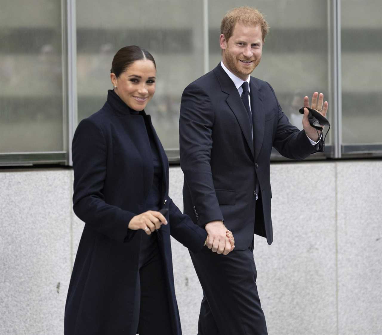 Prince Harry and Meghan Markle are seen after a visit to One World Observatory with Governor Hochul and Mayor de Blasio